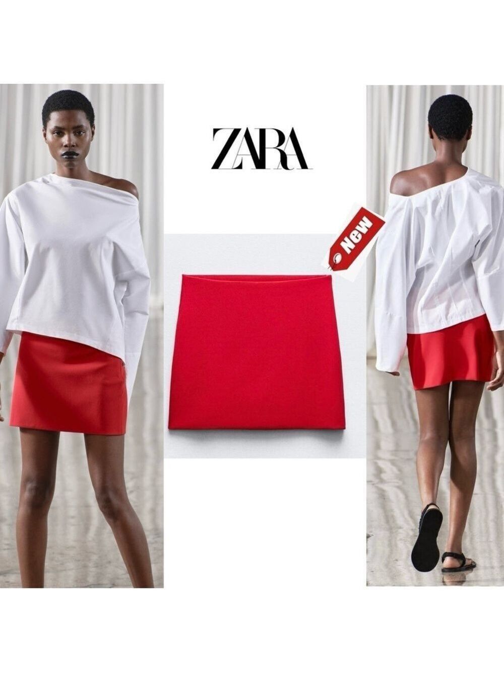 Zara red scuba effect high waisted mini skirt side zip closure Sz M NWT